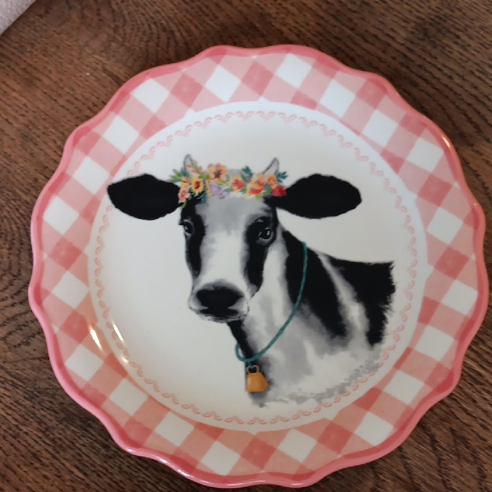 Pink and White Gingham Dinnerware Plate with Cow Design
